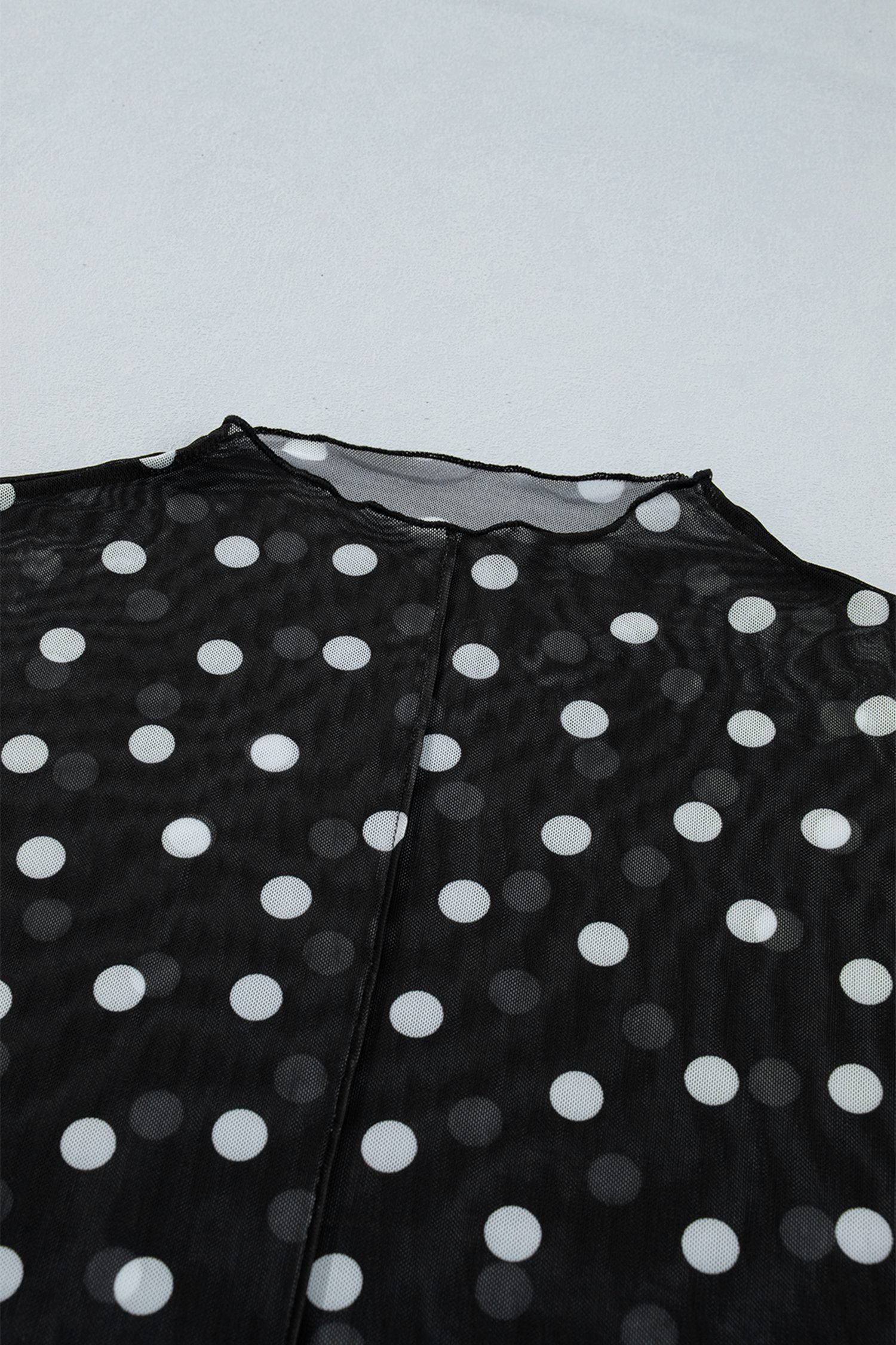 Black Plus Size Mock Neck Polka Dot Long Sleeve Mesh Top