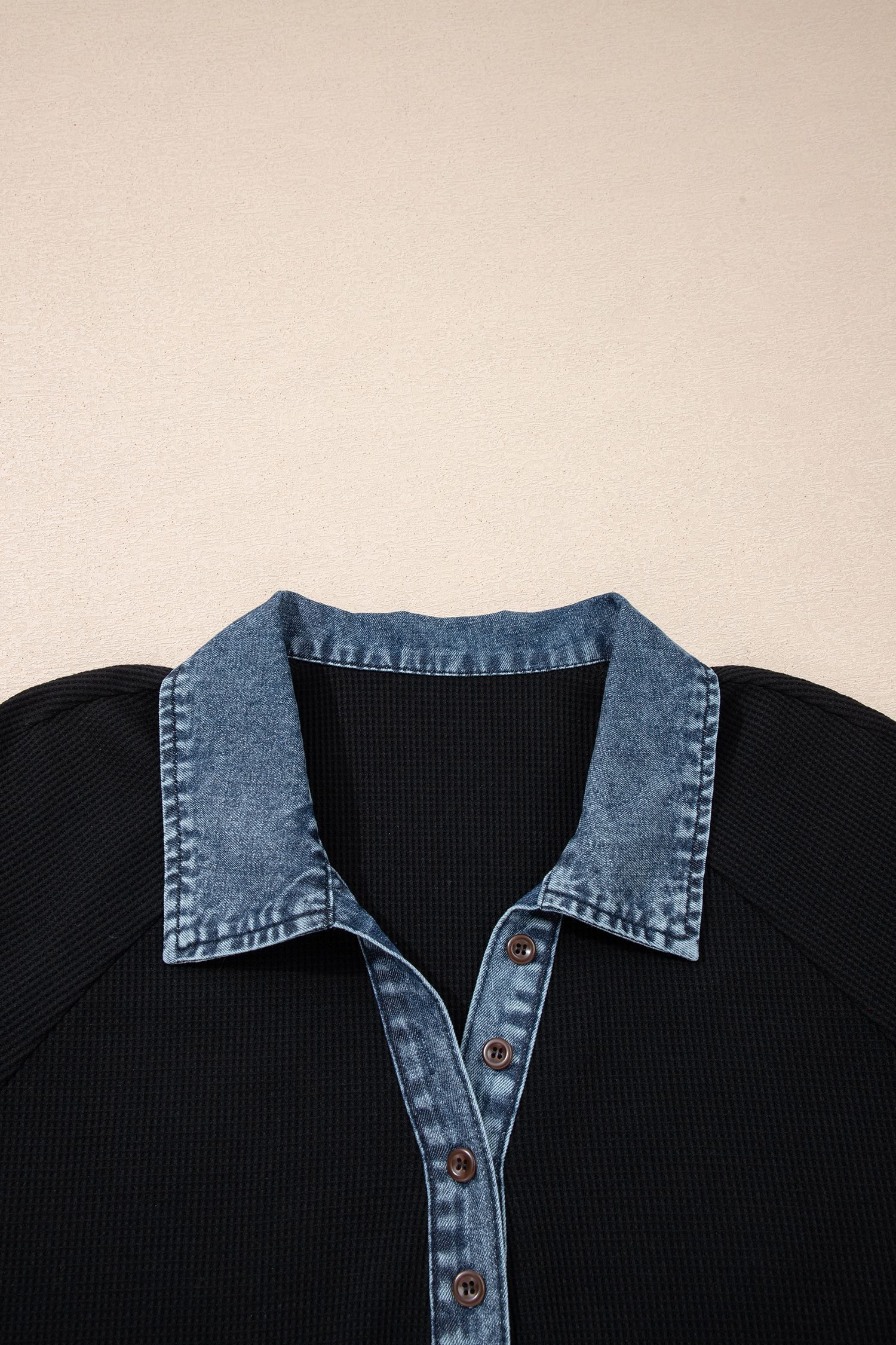 Black Plus Size Textured Contrast Denim Patchwork Button Polo Tee