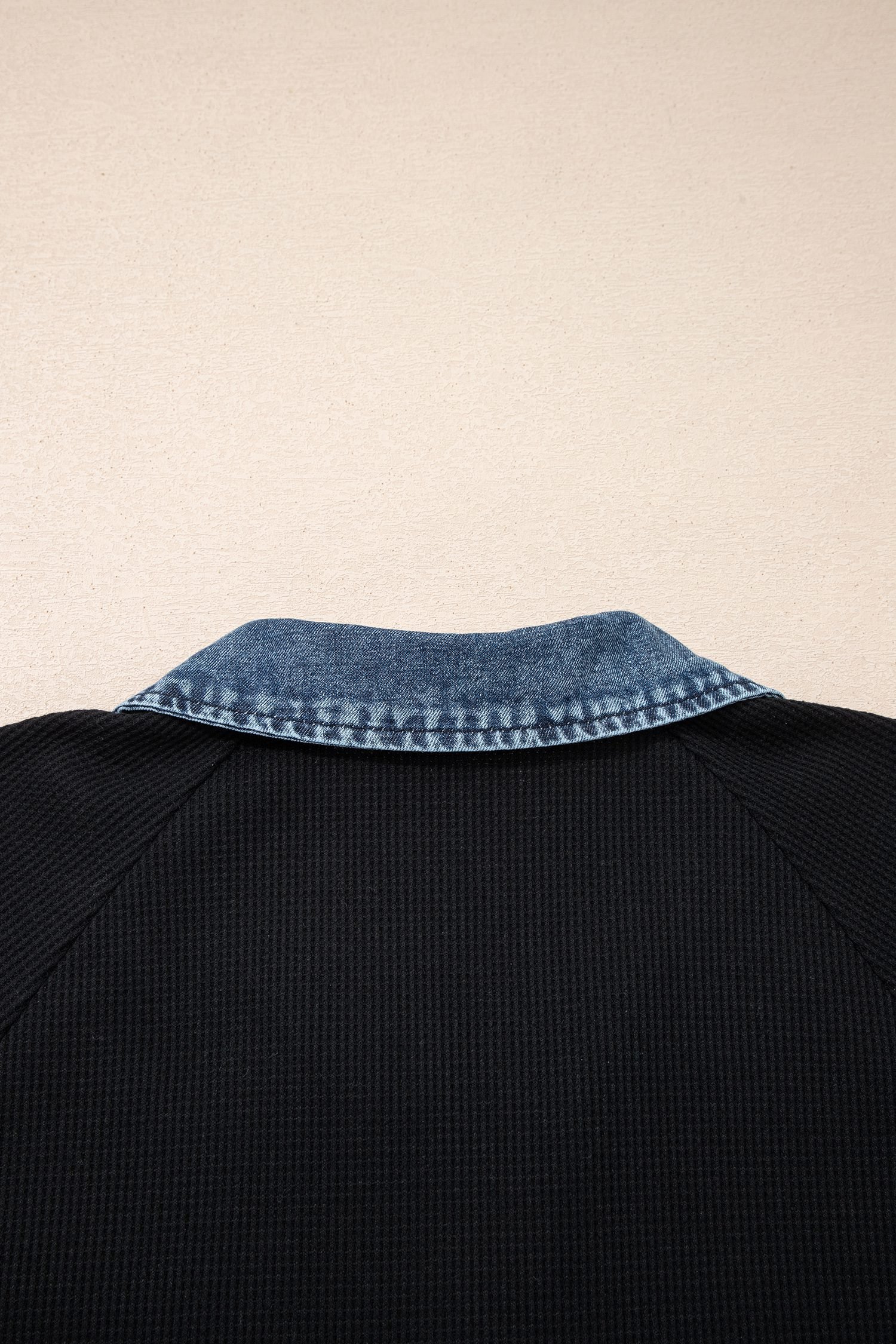 Black Plus Size Textured Contrast Denim Patchwork Button Polo Tee
