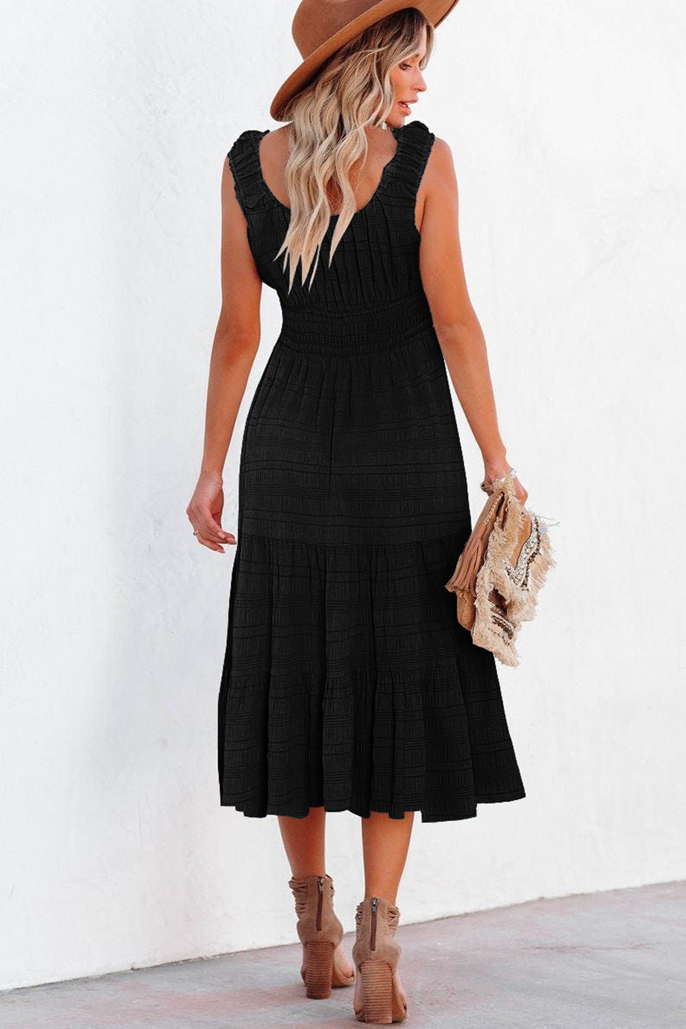 Black Shirred Pleated Square Neck Sleeveless Midi Dress