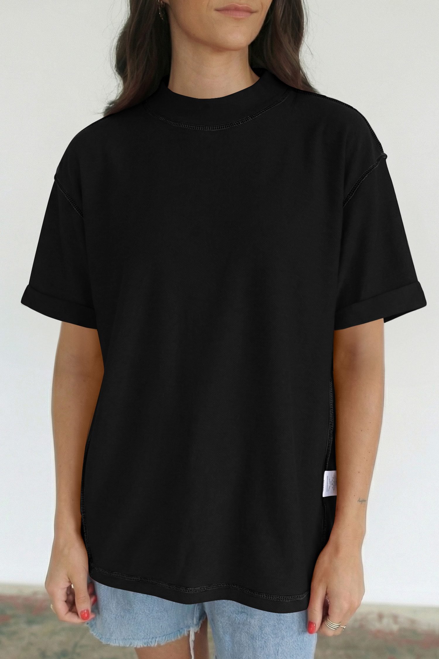 Black Solid Color High Neck Oversize Tee