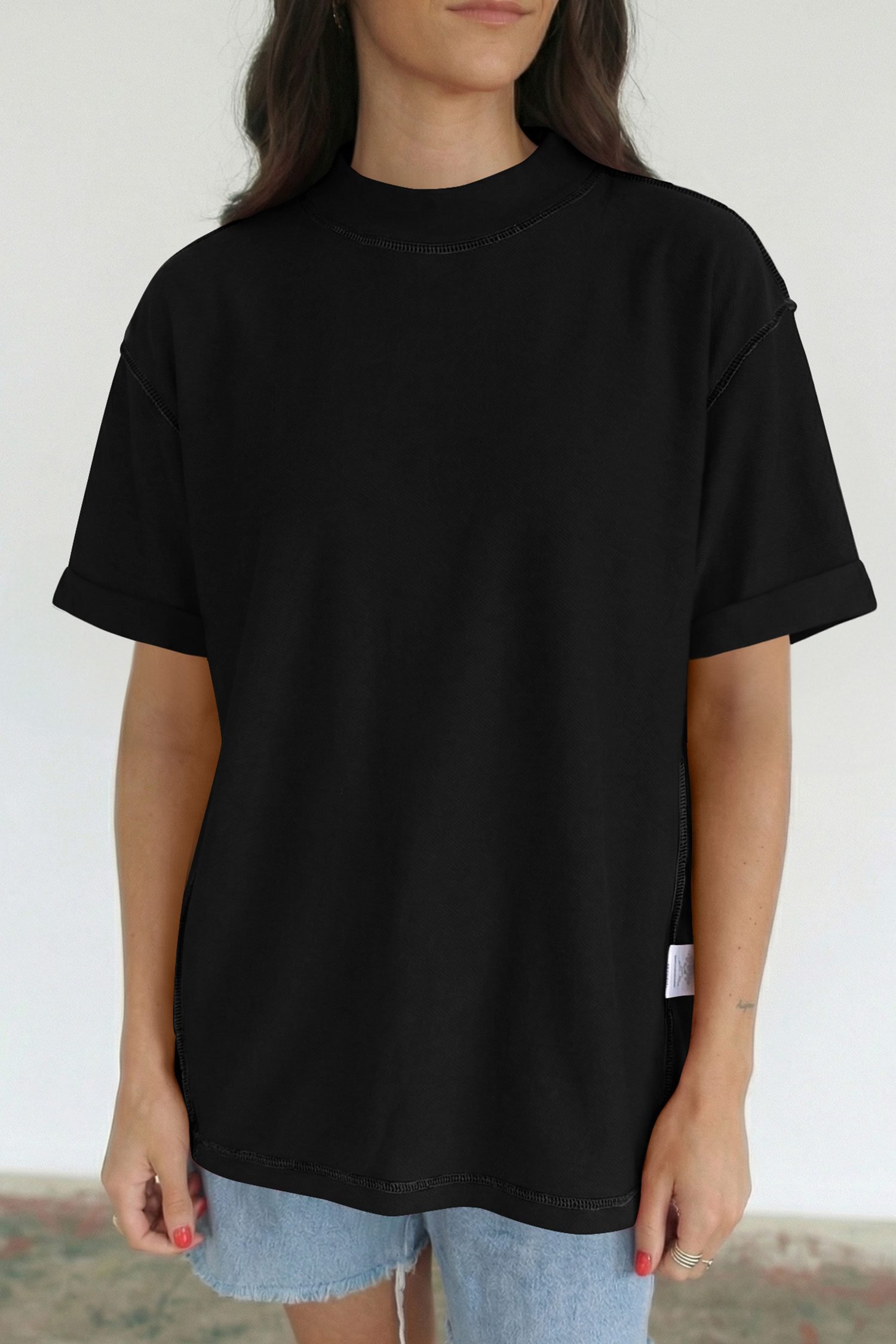 Black Solid Color High Neck Oversize Tee