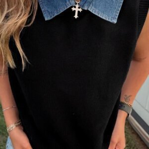 Black Solid Color Knit Contrast Denim Patchwork Collar Sweater Vest