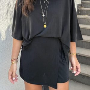 Black Solid Color Oversize Tee Tie Wrap Mini Skort 2pcs Set