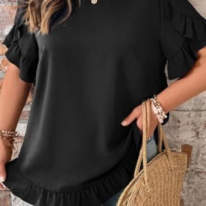 Black Solid Color Ruffle Trim Petal Sleeve Plus Size Tee