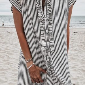 Black Stripe Frilled Detail Half Buttons Short Sleeve Long Dress