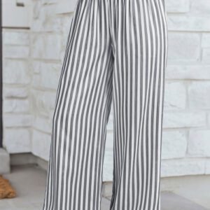 Black Stripe Shirred High Waist Loose Summer Pants