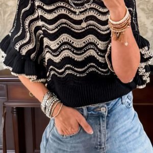 Black Stripe Wavy Crochet Eyelet Detail Ruffle Half Sleeve Sweater