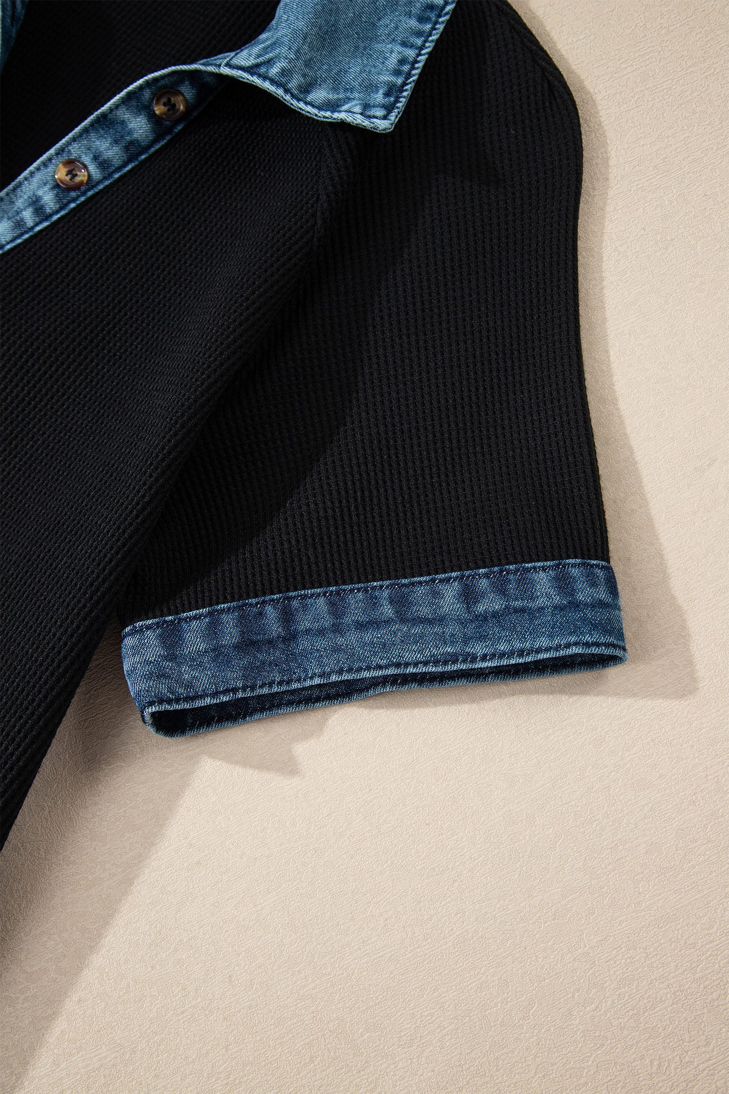 Black Waffle Knit Denim Contrast Trim Patchwork Button Polo Tee Dress