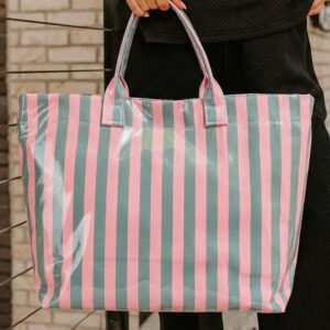 Blackish Green Glossy Striped Vinyl Large Tote Bag