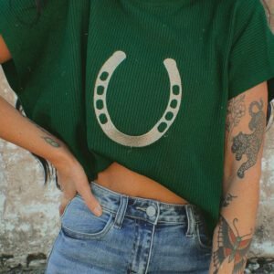 Blackish Green Horseshoe Graphic Western Short Sleeve Sweater