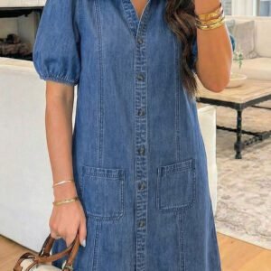 Blue Denim Short Puff Sleeve Color Block Shirt Collar Patchwork Mini Dress