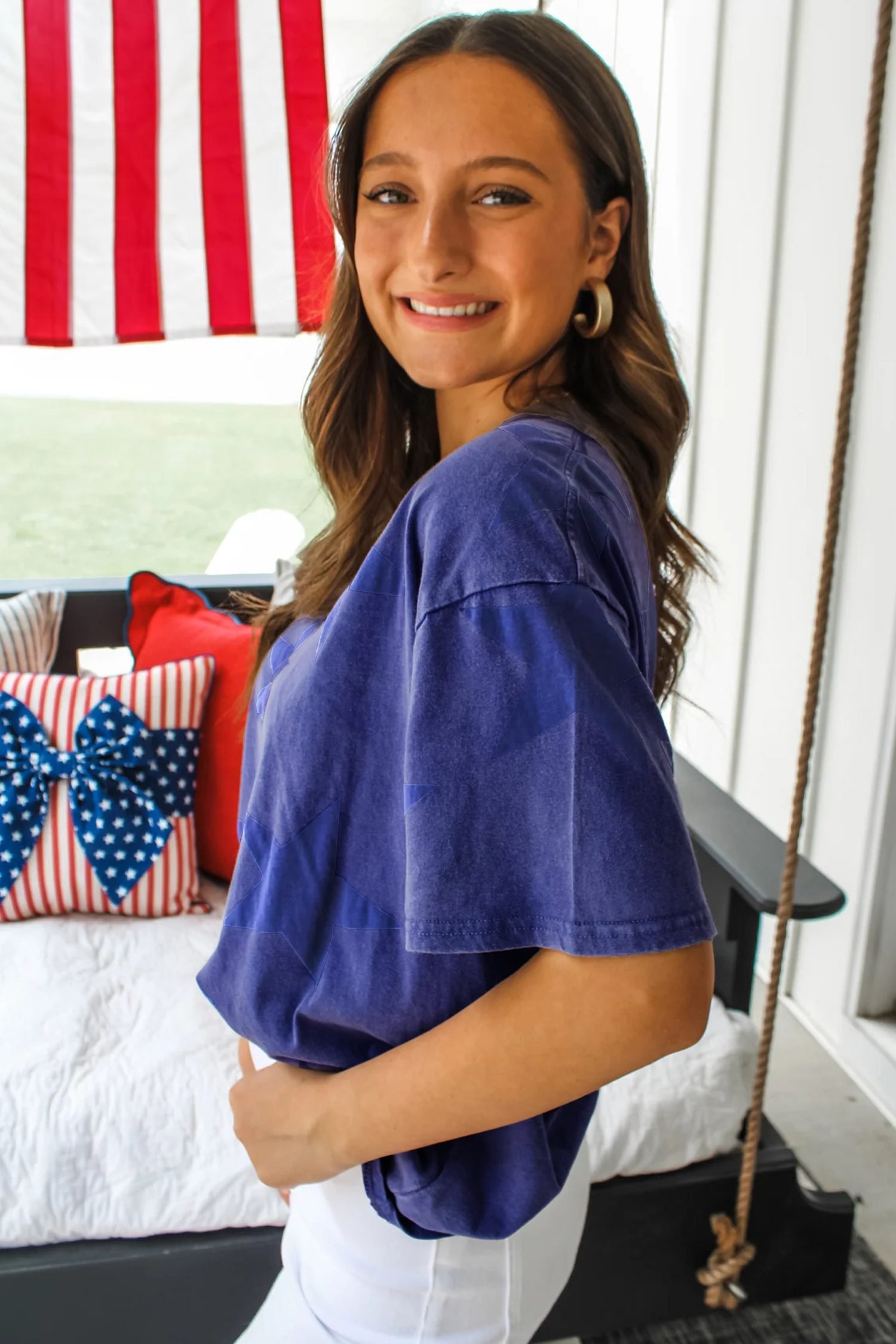 Blue Independence Day Star Printed Mineral Wash T Shirt