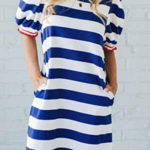 Blue Stripe Contrast Trim Round Neck Short Puff Sleeve Shift Mini Dress
