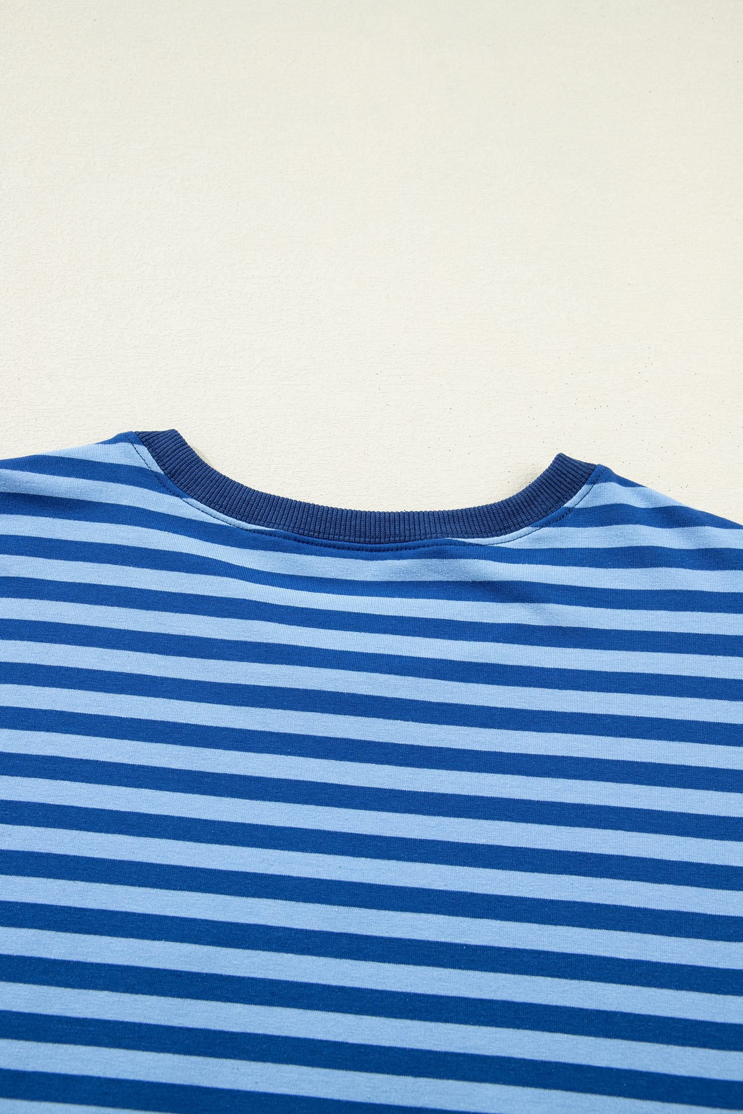 Blue Stripe Drop Shoulder Long Sleeve Pullover Elastic Waist Casual Short Set