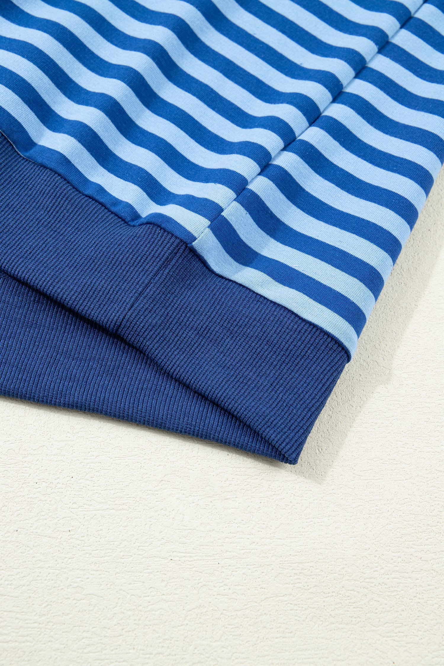 Blue Stripe Drop Shoulder Long Sleeve Pullover Elastic Waist Casual Short Set