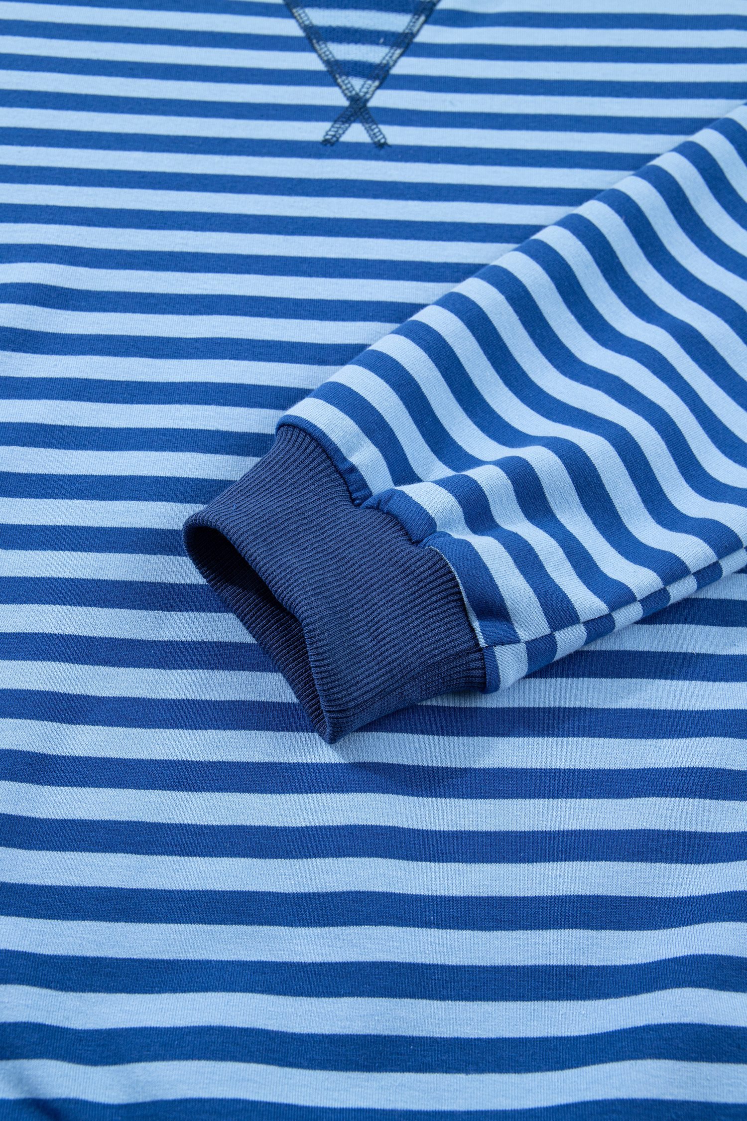 Blue Stripe Drop Shoulder Long Sleeve Pullover Elastic Waist Casual Short Set