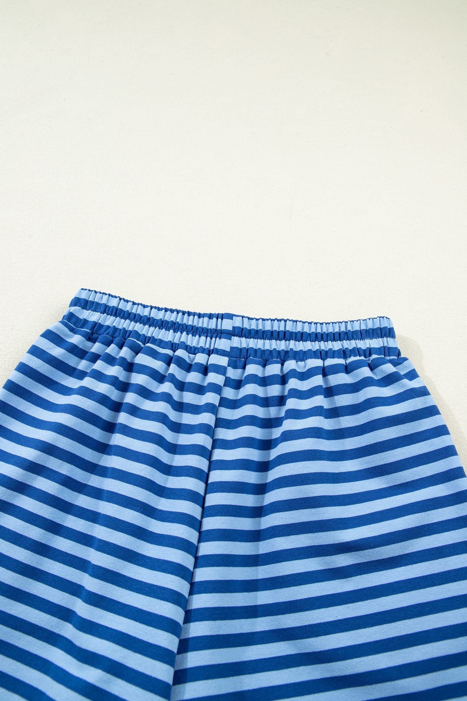 Blue Stripe Drop Shoulder Long Sleeve Pullover Elastic Waist Casual Short Set