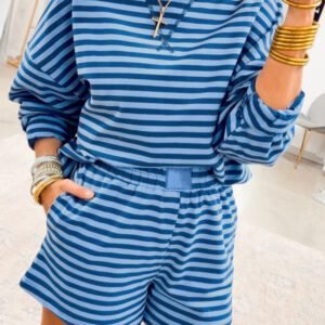 Blue Stripe Drop Shoulder Long Sleeve Pullover Elastic Waist Casual Short Set