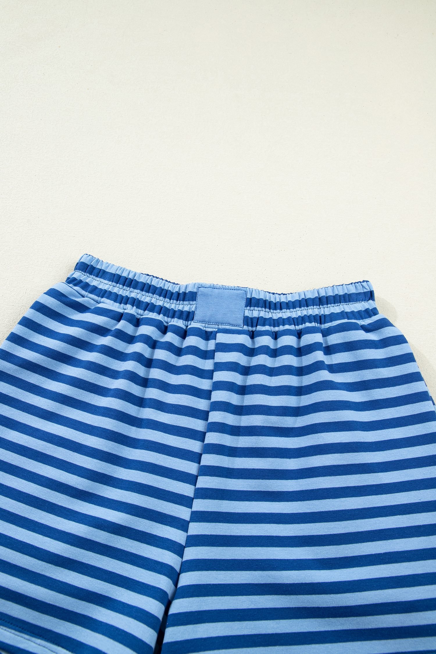 Blue Stripe Drop Shoulder Long Sleeve Pullover Elastic Waist Casual Short Set