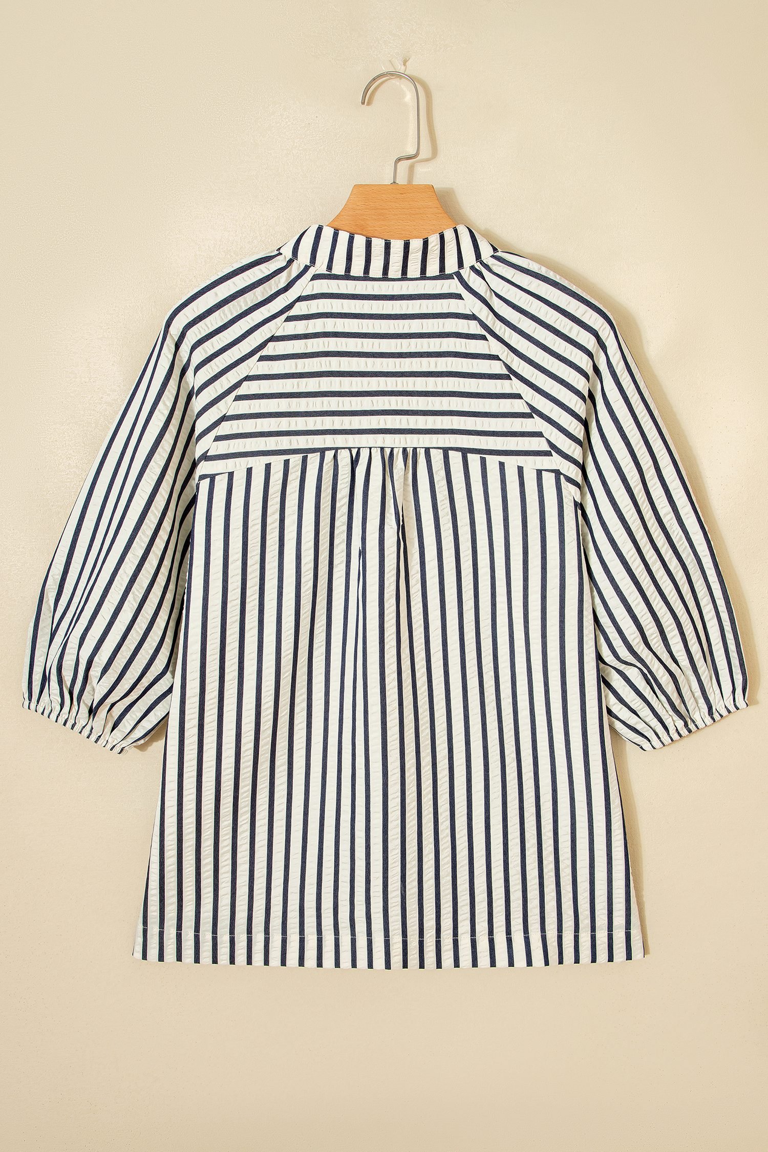 Blue Stripe Floral Embroidered Detail V Neck Short Sleeve Blouse