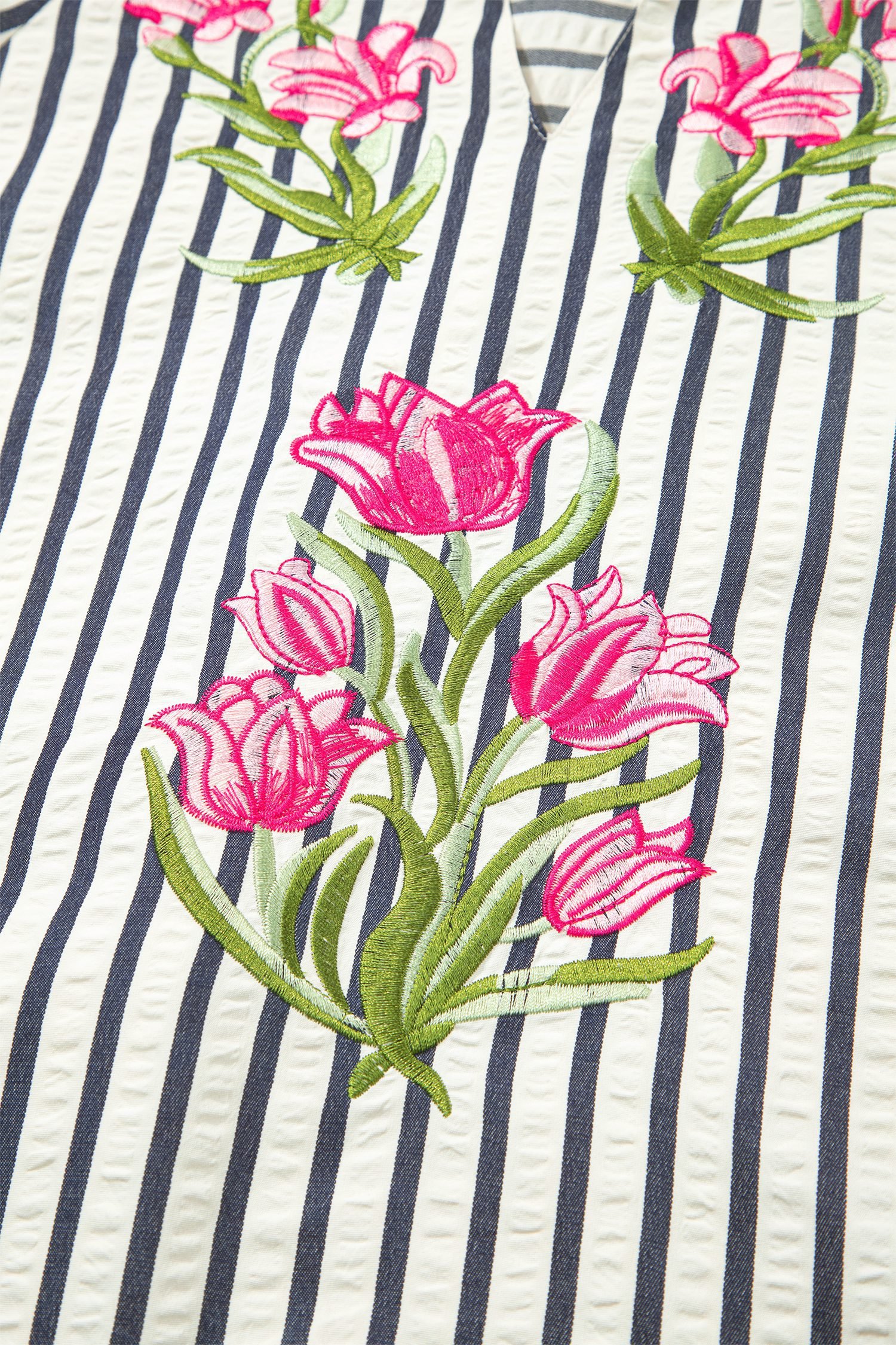 Blue Stripe Floral Embroidered Detail V Neck Short Sleeve Blouse