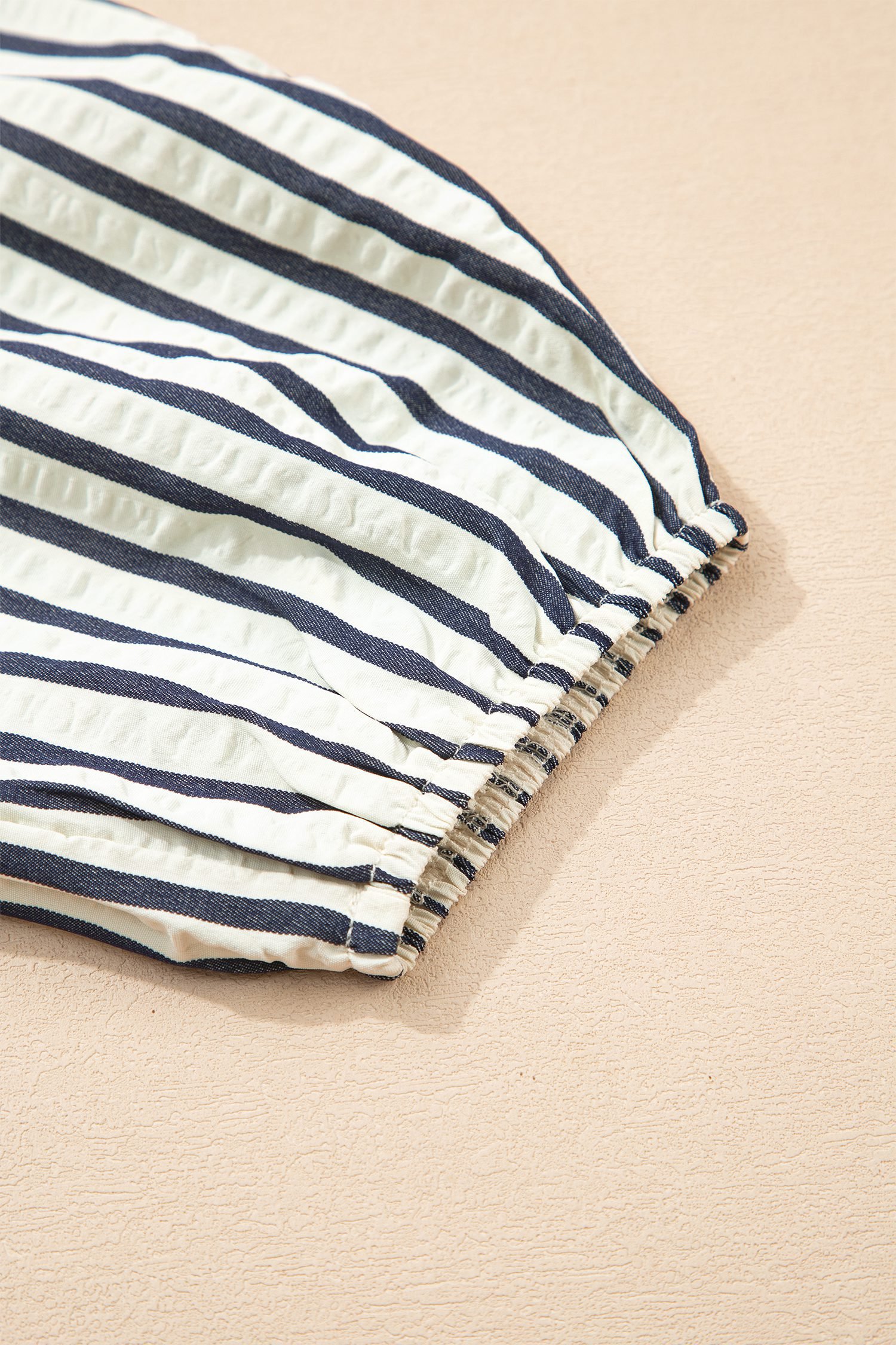 Blue Stripe Floral Embroidered Detail V Neck Short Sleeve Blouse