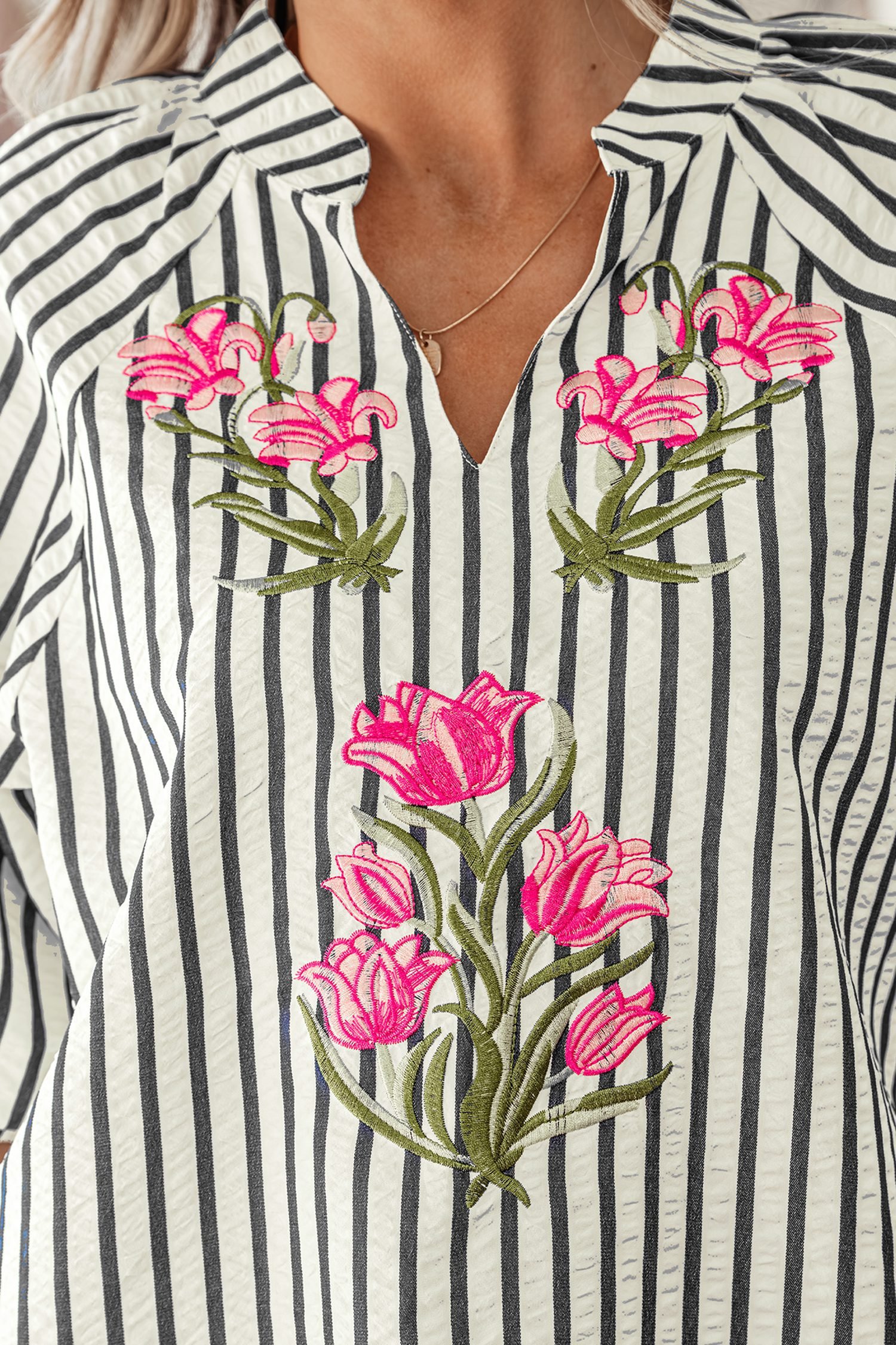 Blue Stripe Floral Embroidered Detail V Neck Short Sleeve Blouse