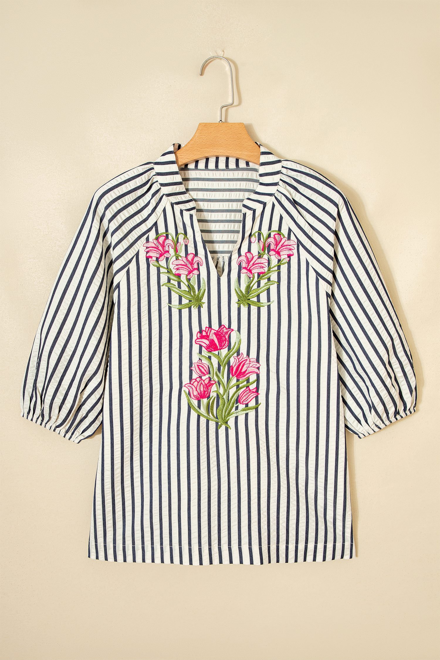 Blue Stripe Floral Embroidered Detail V Neck Short Sleeve Blouse