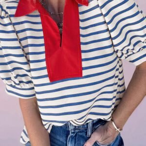 Blue Stripe Short Puff Sleeve Color Block Polo Collar Blouse