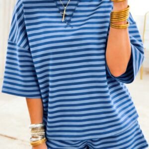 Blue Stripe Striped Ribbed Cotton Two-Piece Short Set with Chest Patch Detail