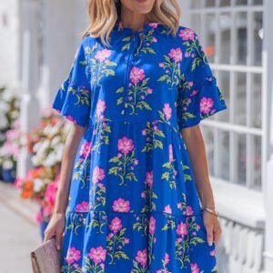 Blue V Neck Short Sleeve Loose Flower Dress