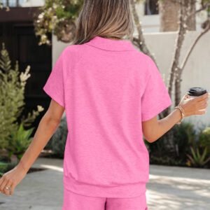 Bonbon Collared V Neck Tee Drawstring Elastic Waist Shorts 2pcs Outfit