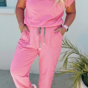 Bonbon Solid V-Neck Tee and Drawstring Plus Size Pants Set