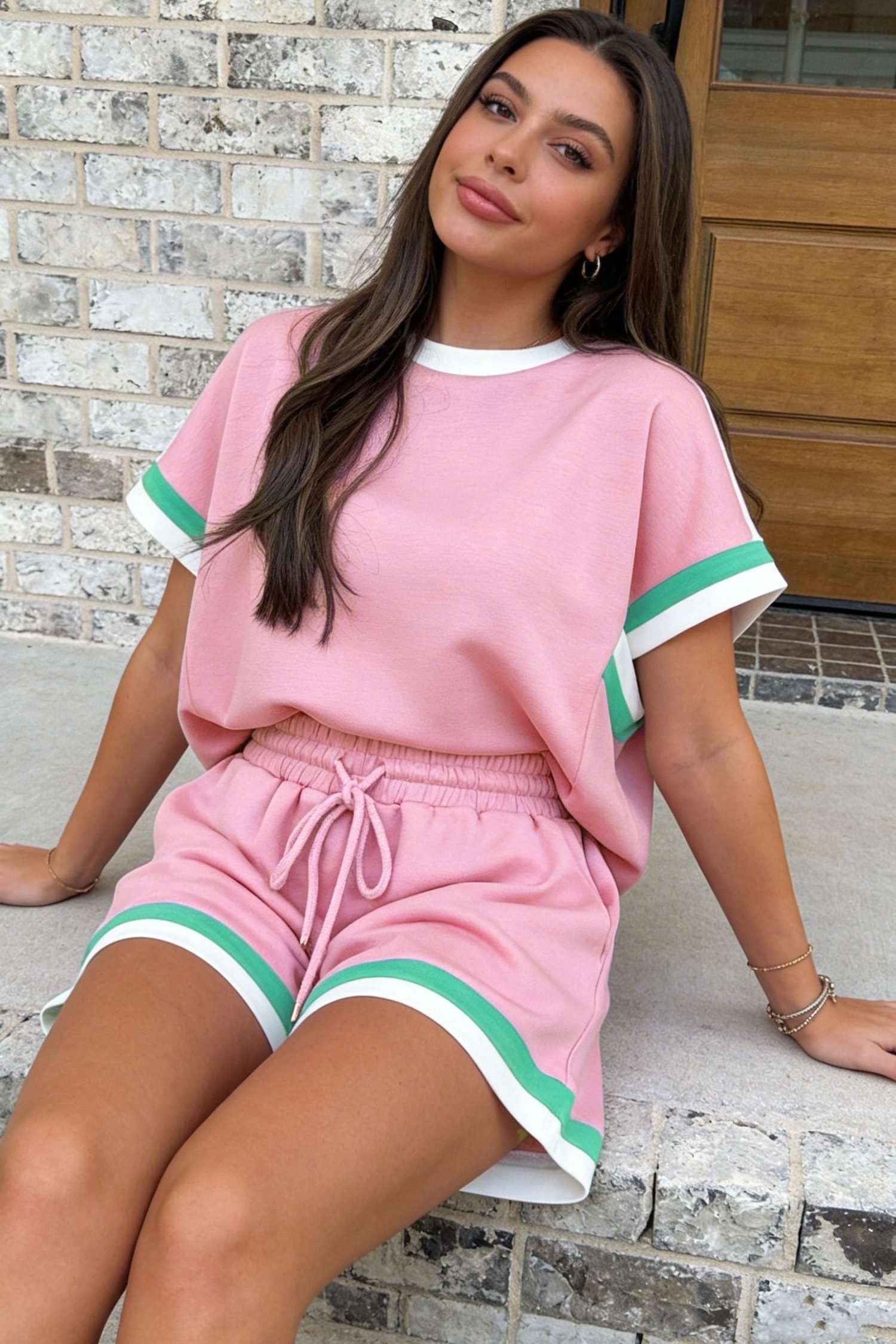 Bonbon Striped Trim Casual Tee Drawstring Shorts 2pcs Set