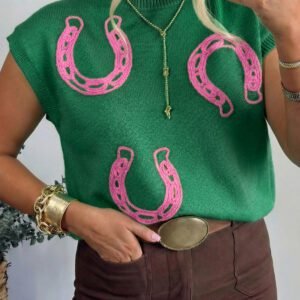 Bright Green Corded Horseshoes Ribbed Trim Mock Neck Short Sleeve Sweater