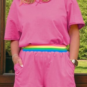 Bright Pink Seam Detail Raw Edge Tee Rainbow Waistband Casual Short Set