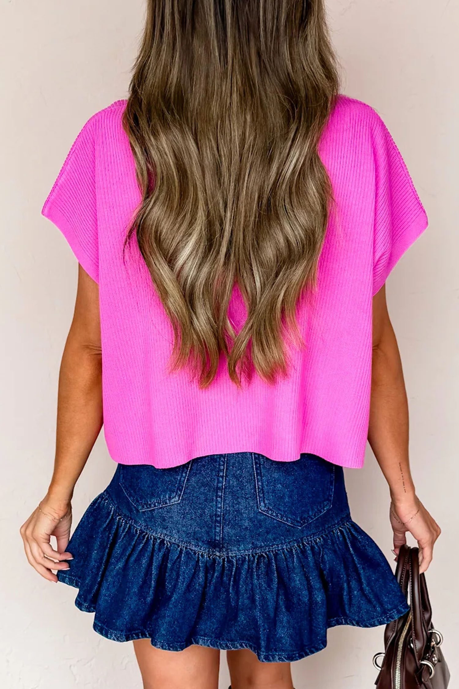 Bright Pink Solid Color Lightweight Ribbed Knit Mock Neck Sweater