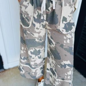 Brown Camouflage Print Contrast Lace-up Raw Edge Pocketed Loose Pants