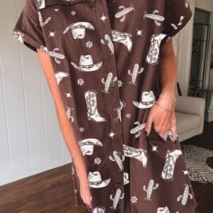 Brown Cowgirl Hats Boots Cactus Print Raw Edge Button Down Short Denim Dress