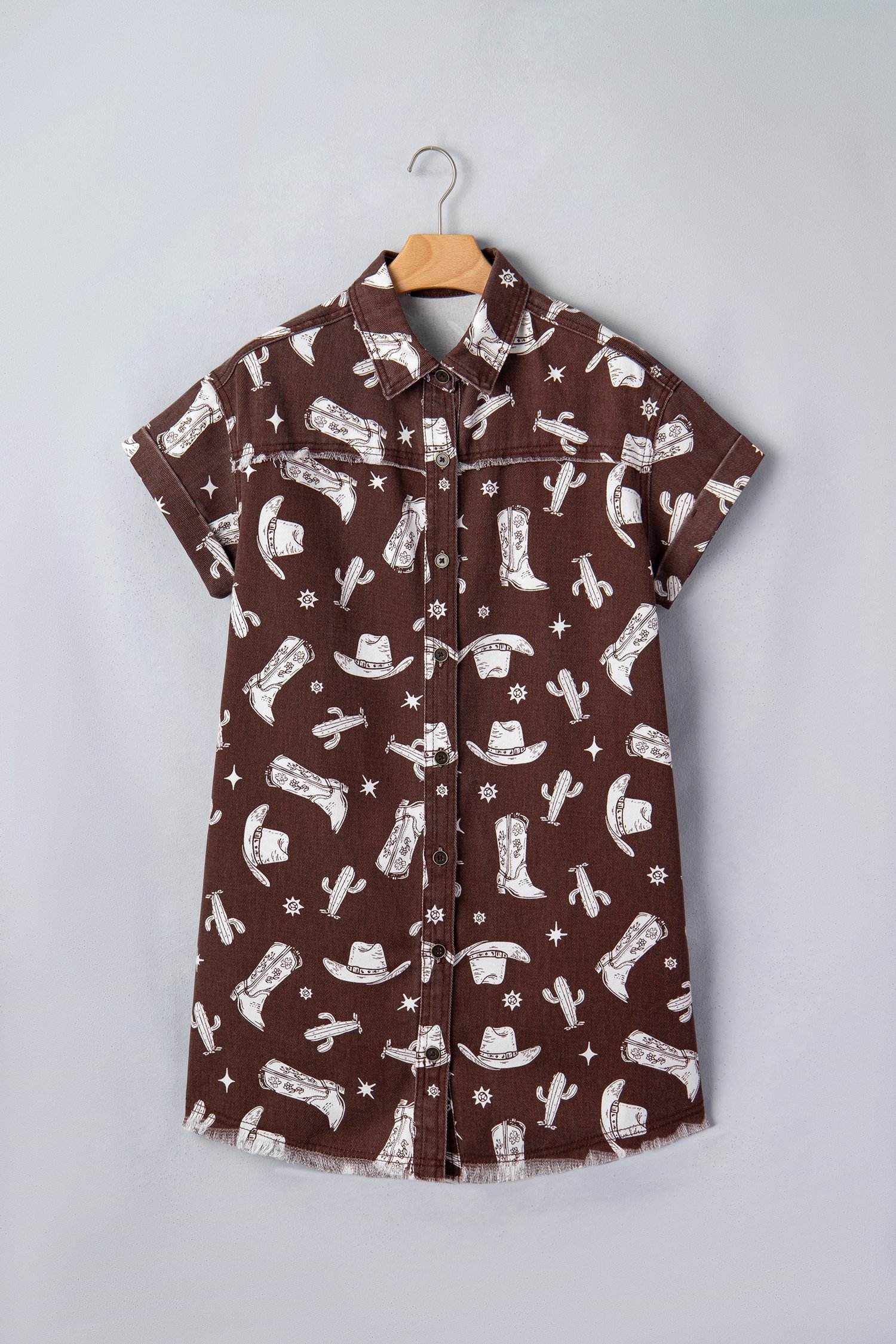 Brown Cowgirl Hats Boots Cactus Print Raw Edge Button Down Short Denim Dress