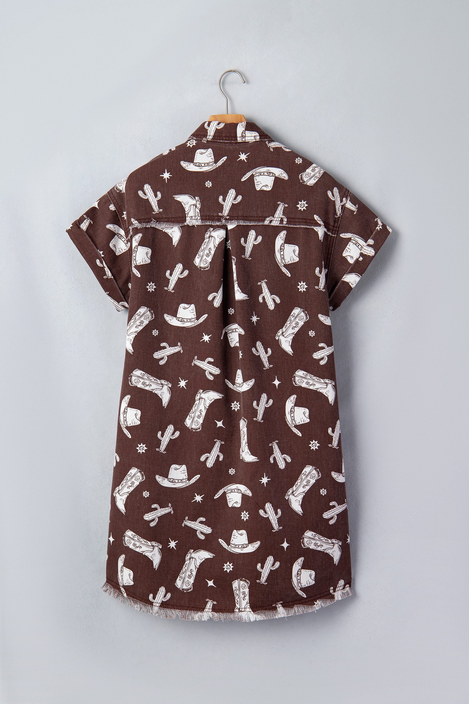 Brown Cowgirl Hats Boots Cactus Print Raw Edge Button Down Short Denim Dress