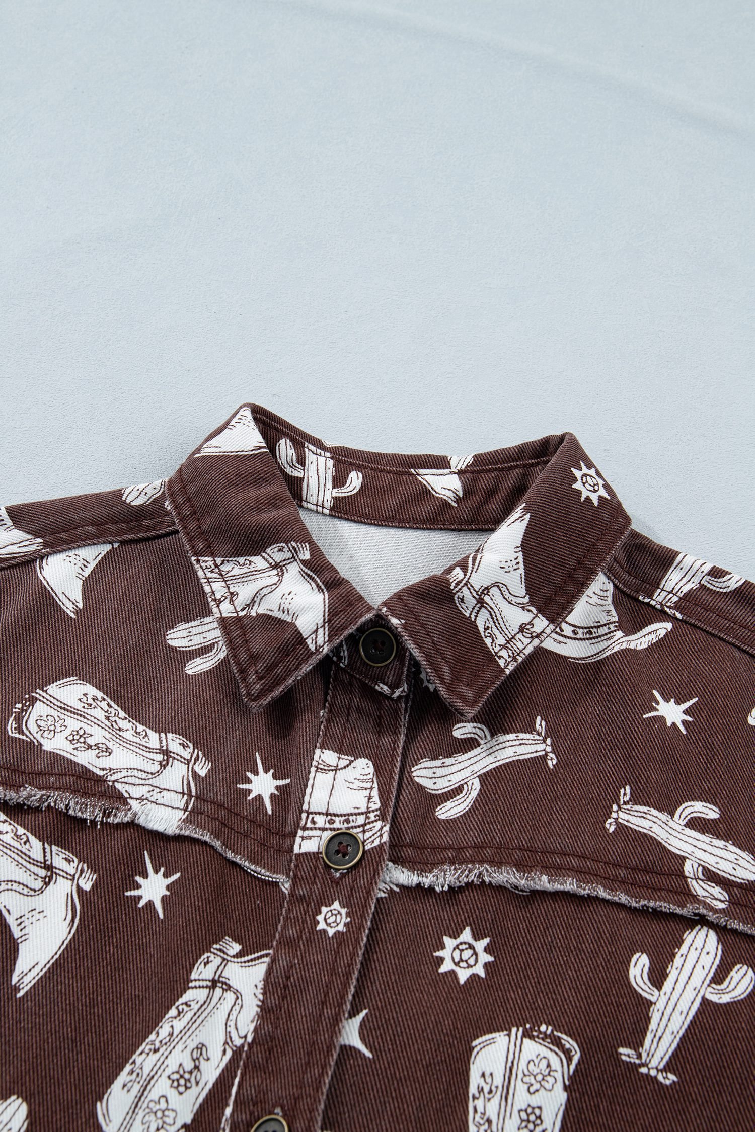 Brown Cowgirl Hats Boots Cactus Print Raw Edge Button Down Short Denim Dress