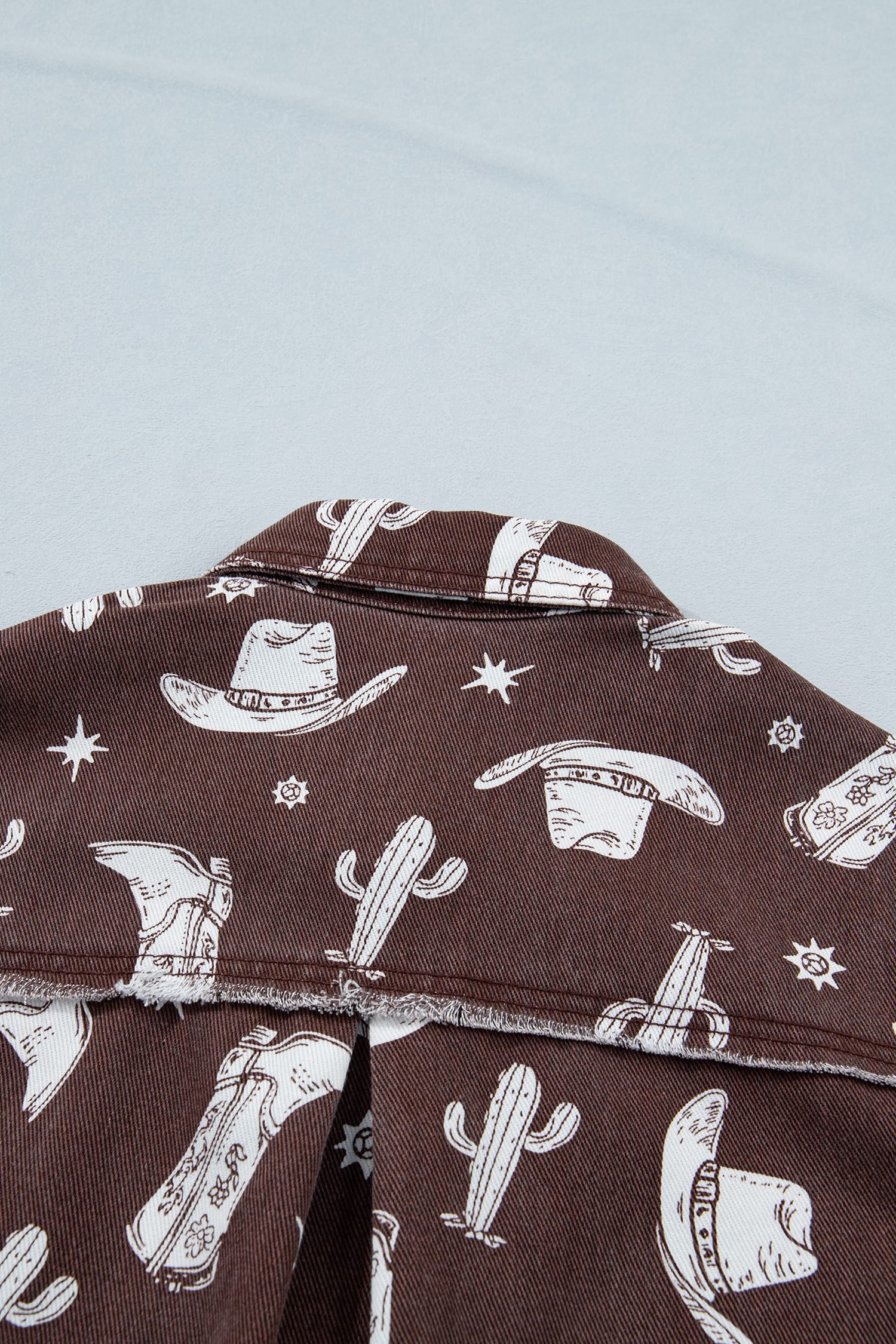 Brown Cowgirl Hats Boots Cactus Print Raw Edge Button Down Short Denim Dress