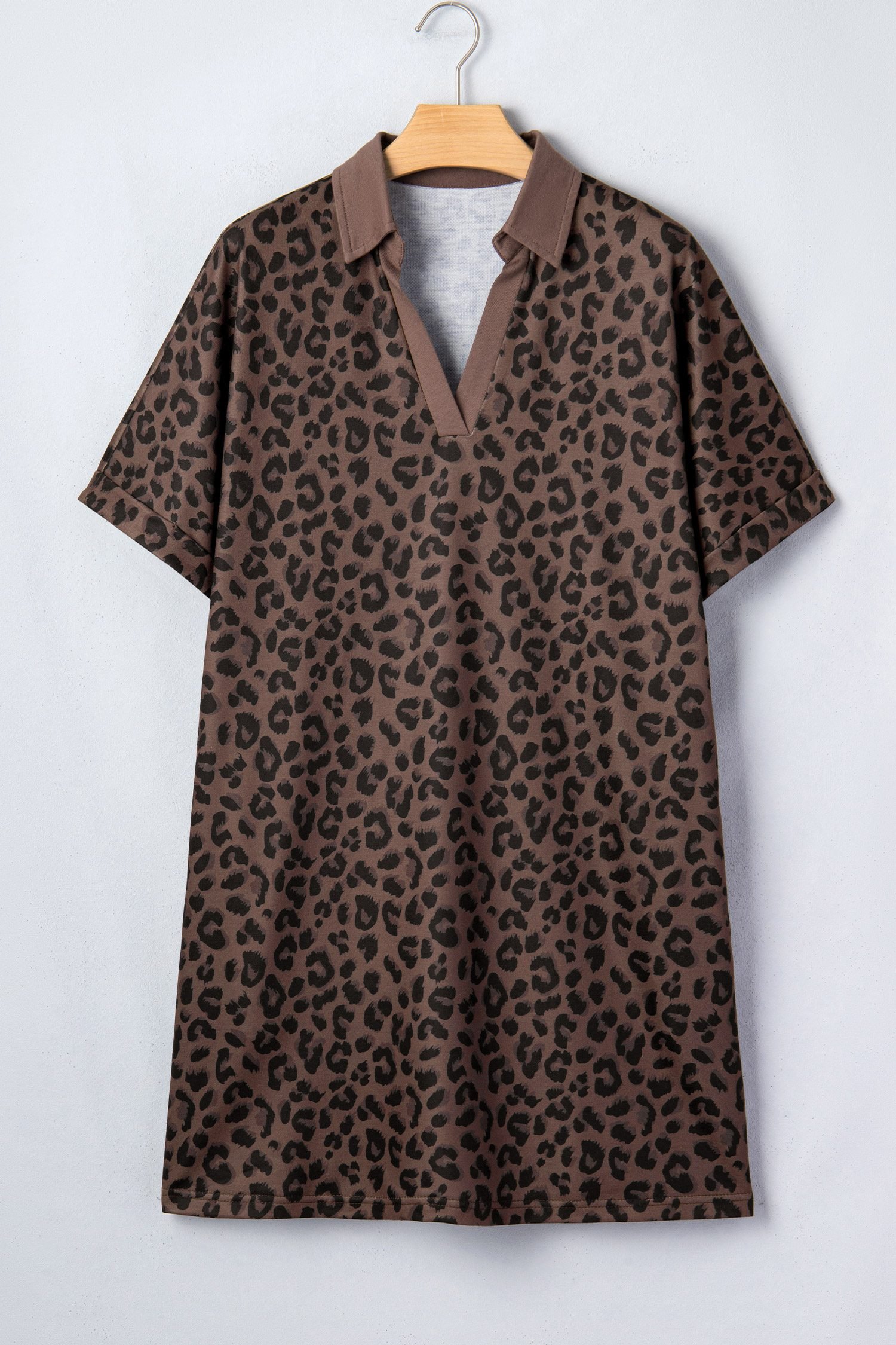 Brown Leopard Print Contrast Collar V-Neck Mini Dress