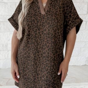 Brown Leopard Print Contrast Collar V-Neck Mini Dress