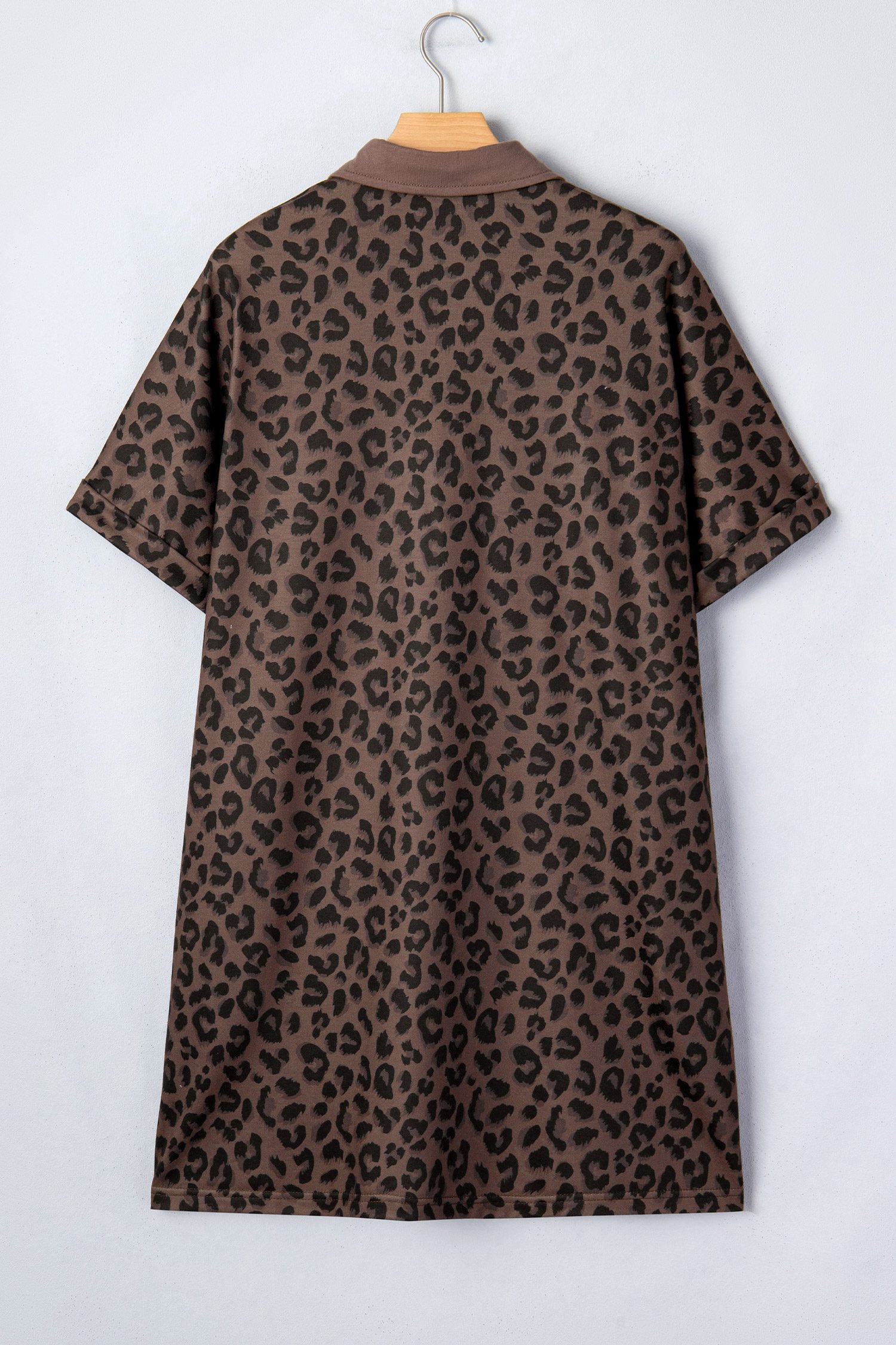 Brown Leopard Print Contrast Collar V-Neck Mini Dress