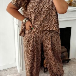 Brown Plus Size Leopard Loose Top Pleated Pants Set