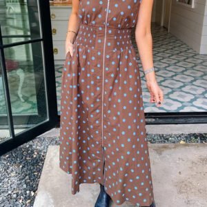 Brown Polka Dot Print Contrast Trim V Neck Zip Up Sleeveless Dress