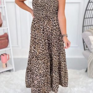 Brown Ruffled Straps Smocked Tiered Leopard Maxi Dress